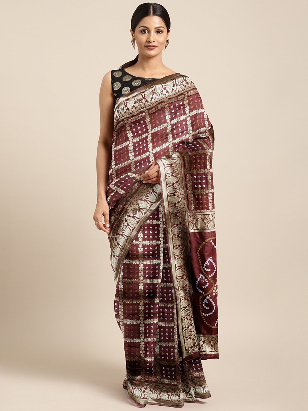 

Mitera Maroon & Gold-Toned Silk Cotton Printed Banarasi Saree
