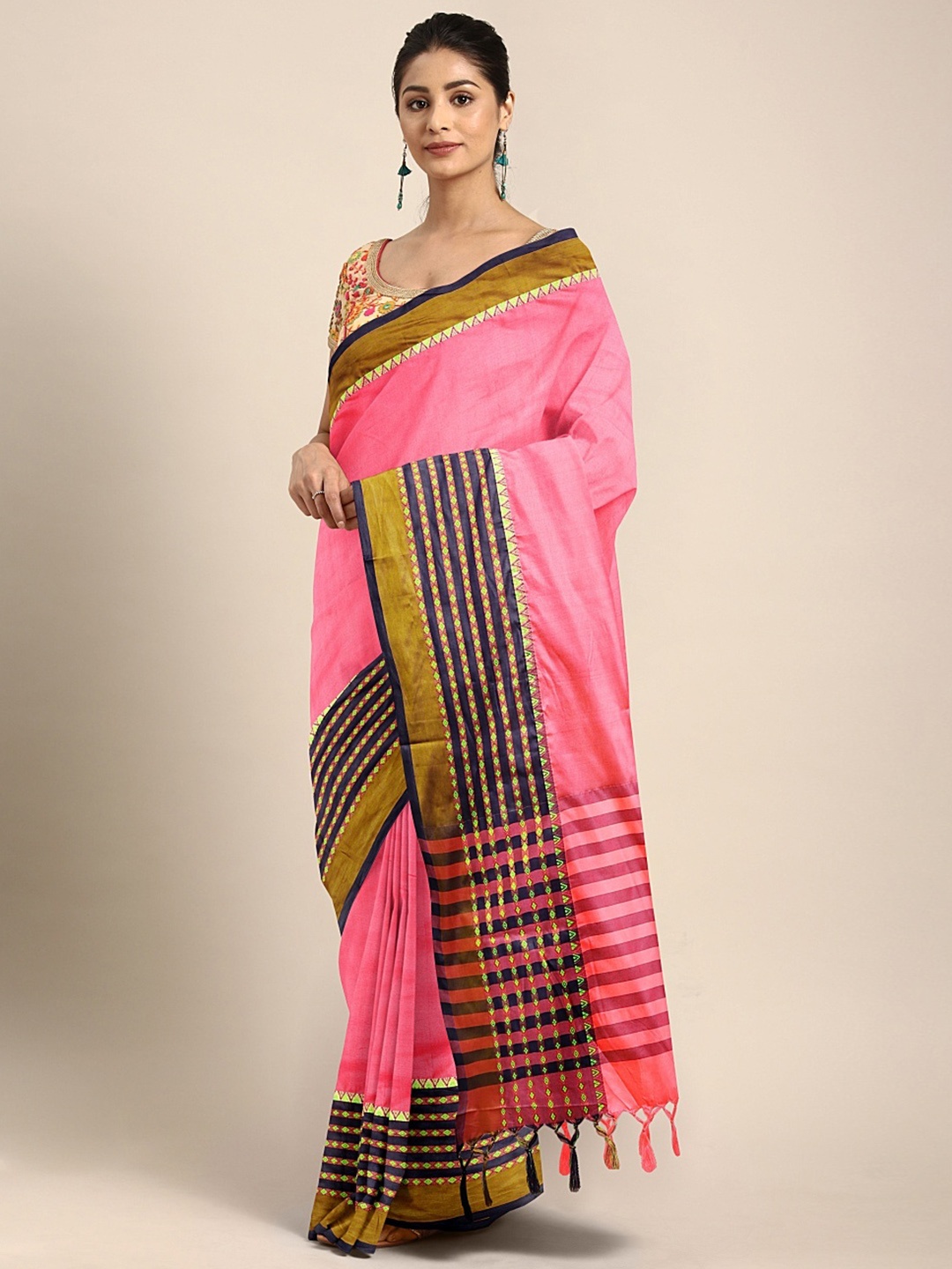 

KALINI Pink Solid Pure Cotton Saree