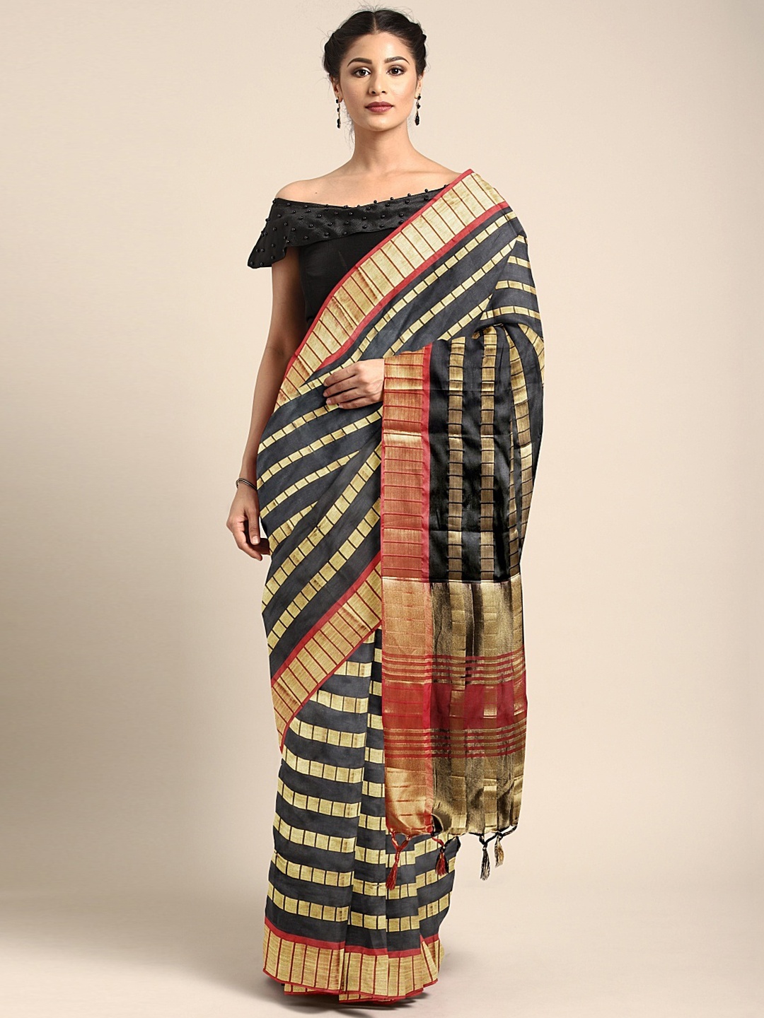 

KALINI Black & Gold-Toned Poly Silk Striped Saree