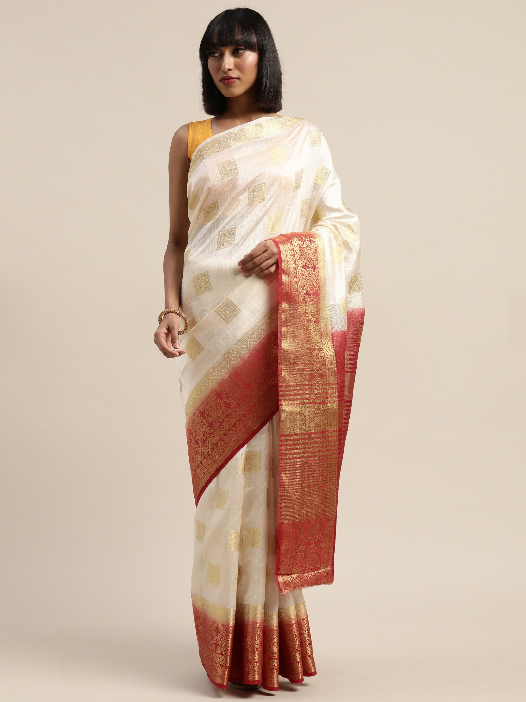 

KALINI White & Gold-Toned Pure Silk Woven Design Banarasi Saree