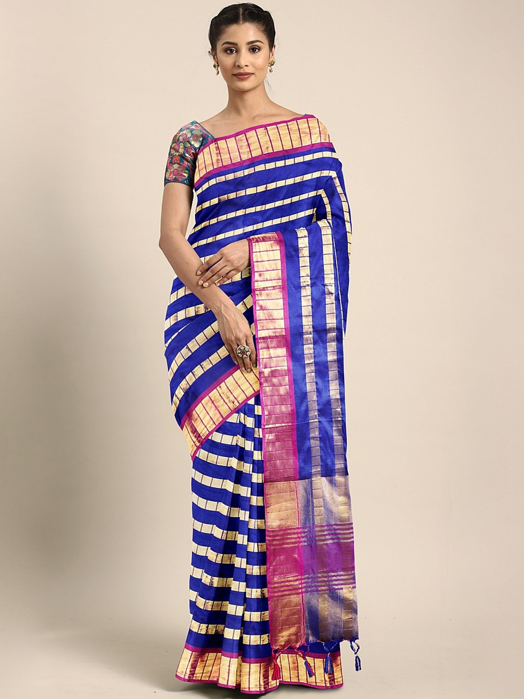 

KALINI Blue & Golden Poly Silk Striped Saree