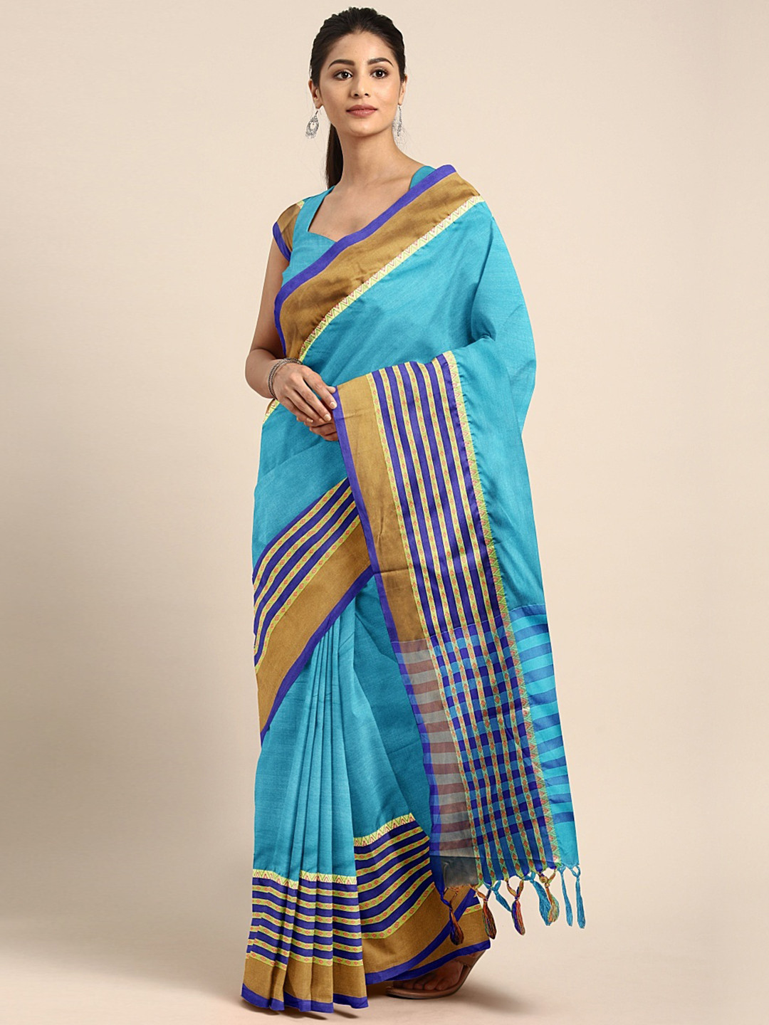 

KALINI Blue Solid Pure Cotton Saree