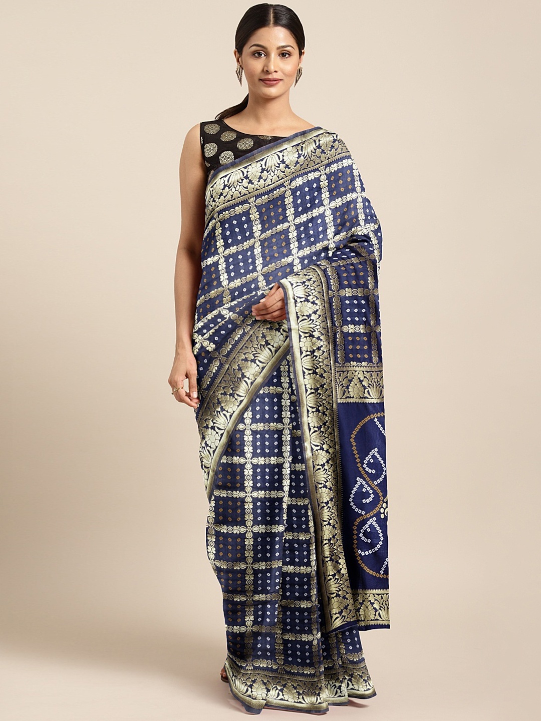 

Mitera Navy Blue & Gold-Toned Silk Cotton Printed Banarasi Saree