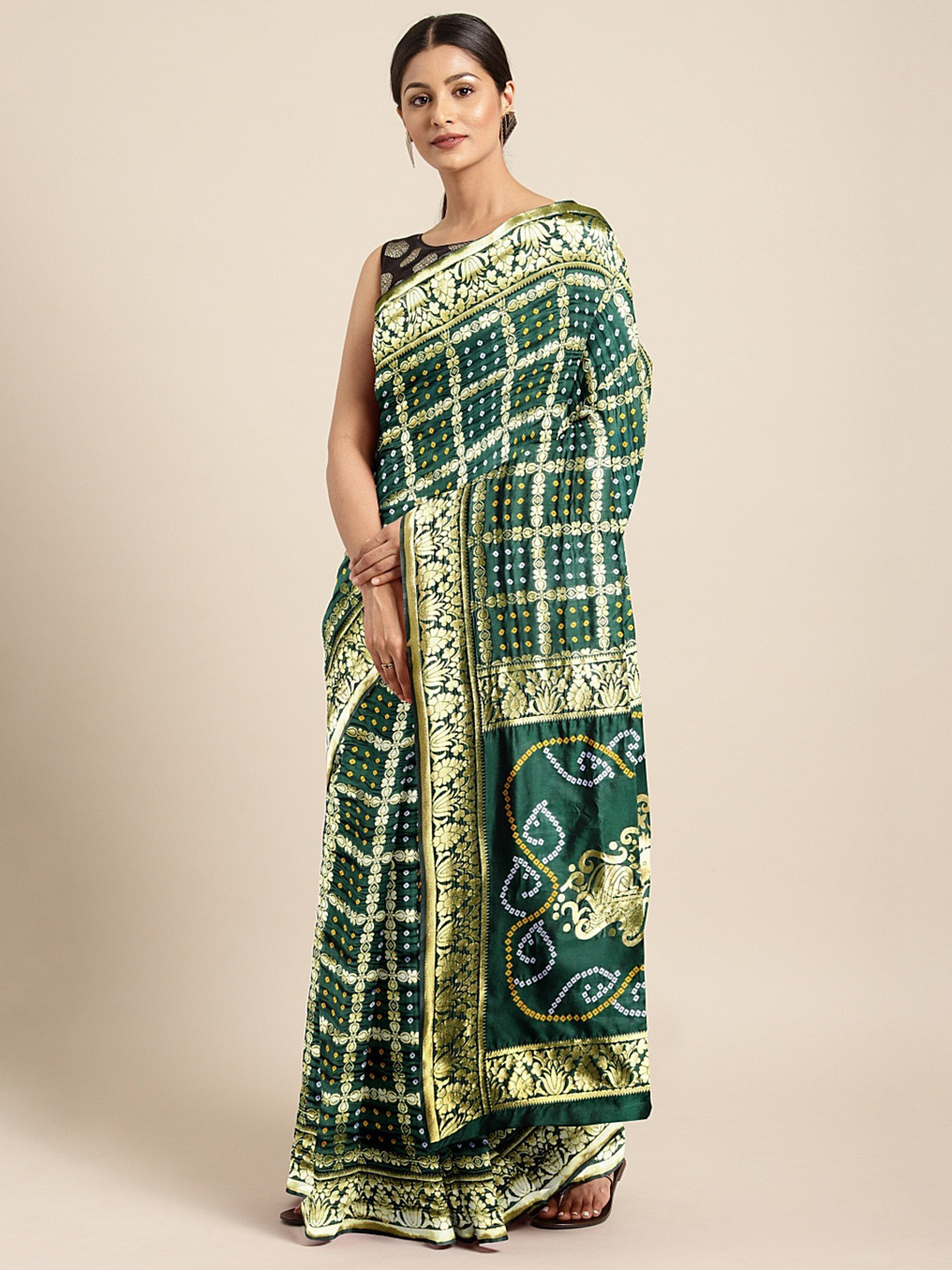 

Mitera Green & Gold-Toned Silk Cotton Printed Banarasi Saree