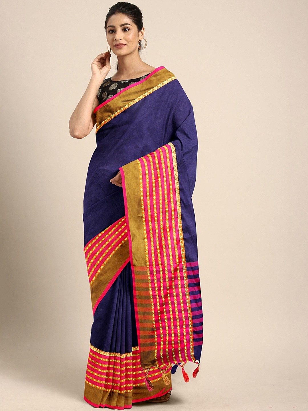 

KALINI Navy Blue Solid Pure Cotton Saree
