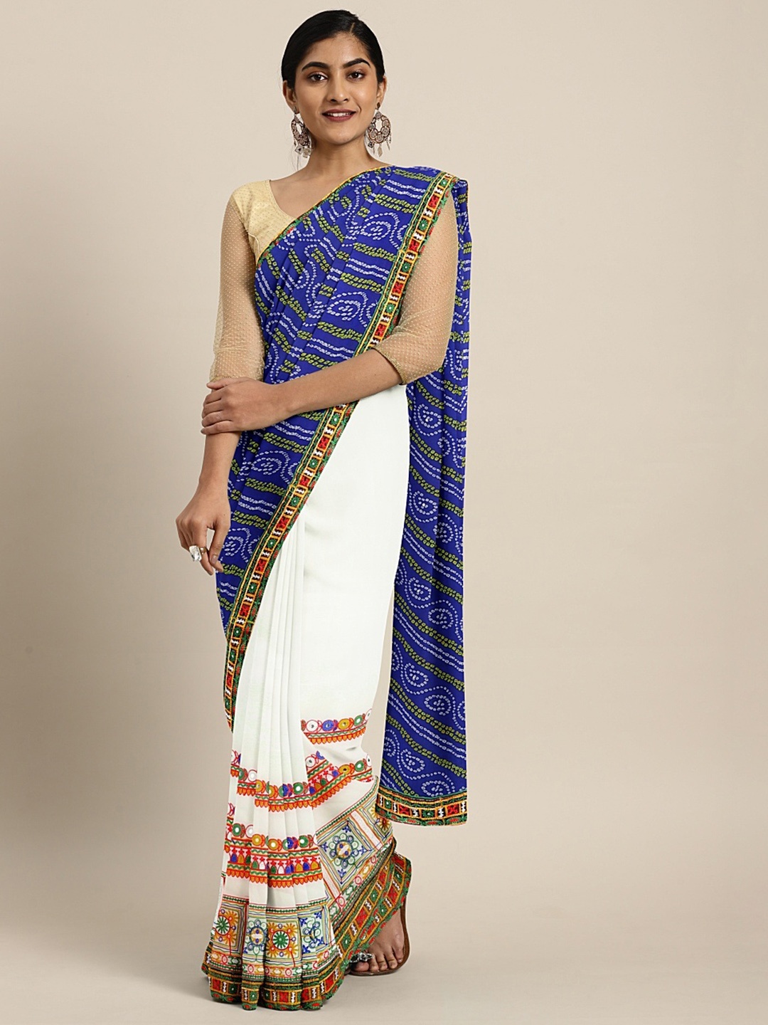 

Mitera White & Blue Pure Georgette Bandhani Printed Kutch Embroidered Half & Half Saree