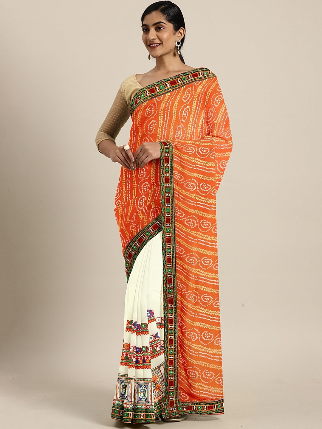 

Mitera Orange & White Pure Georgette Embroidered Saree