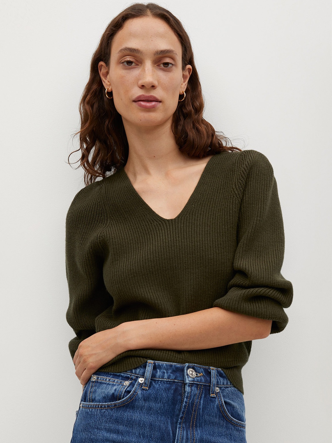 

MANGO Women Green Ribbed Pullover Sweater