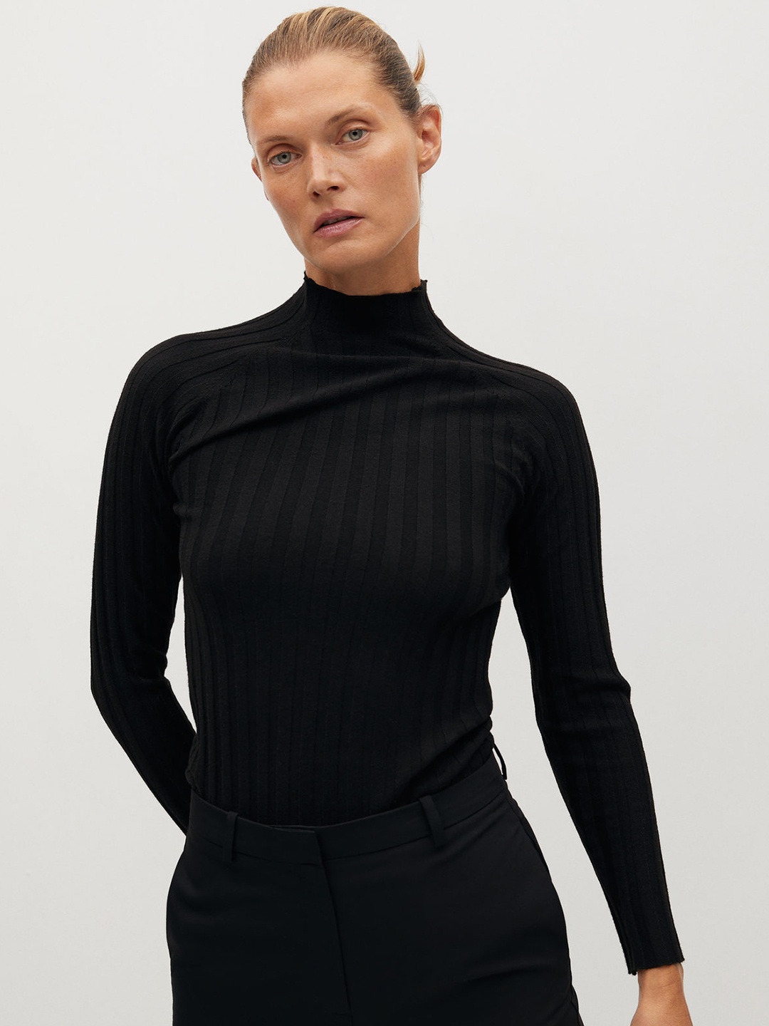 

MANGO Women Black Self Striped High Neck Sustainable Pullover