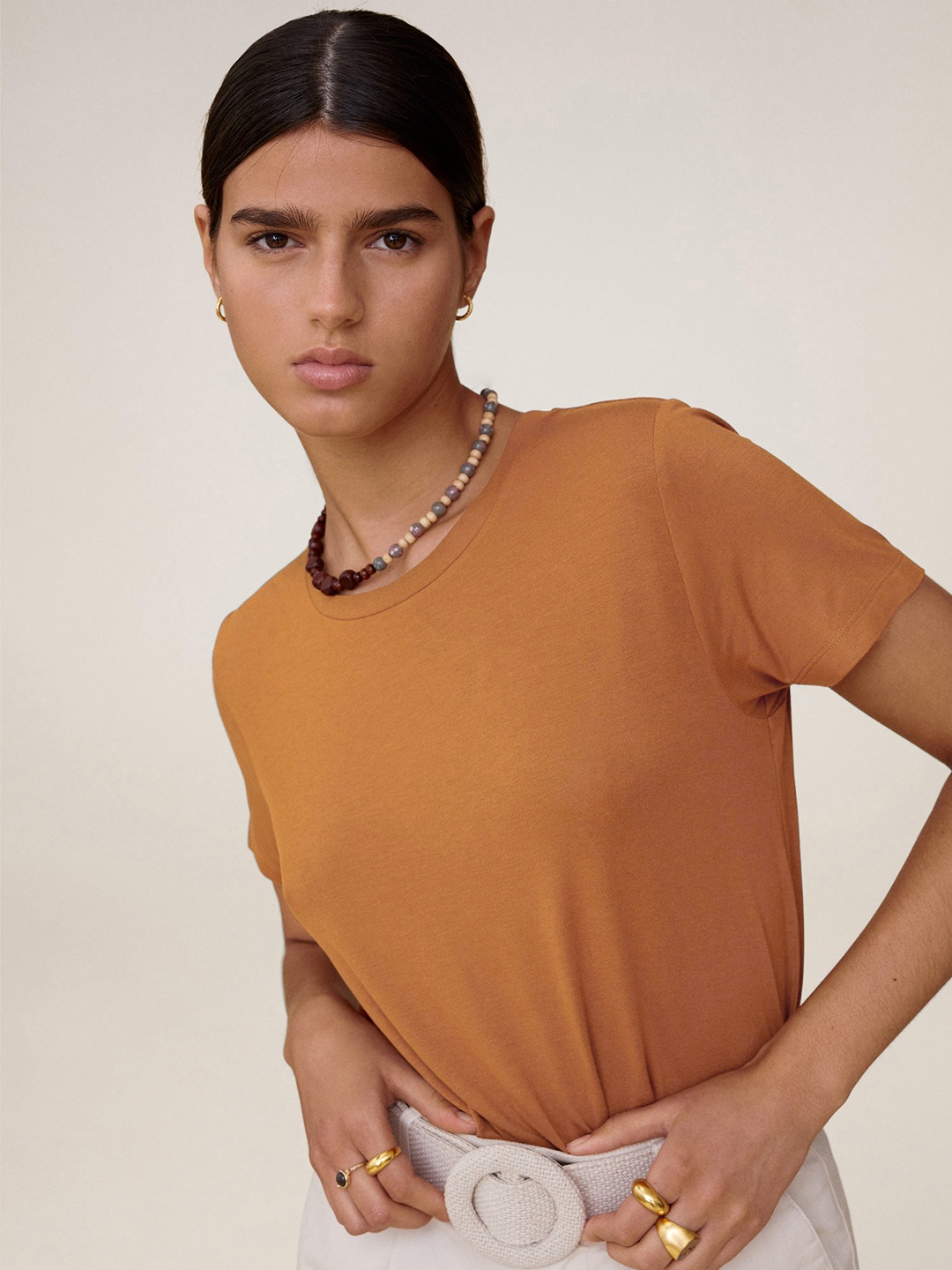 

MANGO Women Rust Brown Solid Sustainable Round Neck T-shirt
