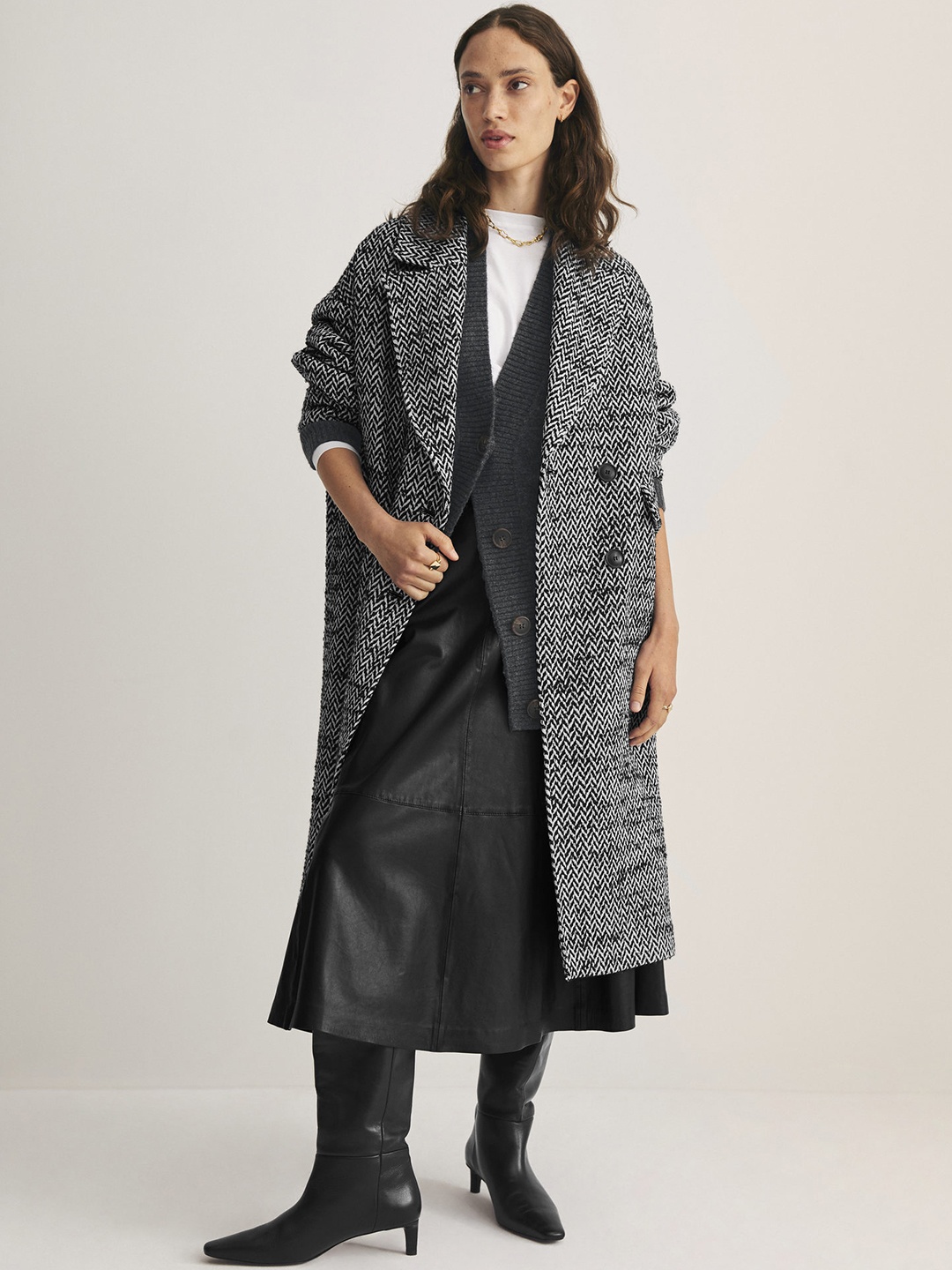 

MANGO Women Black & Off-White Self Design Double Breasted Wrap Coat
