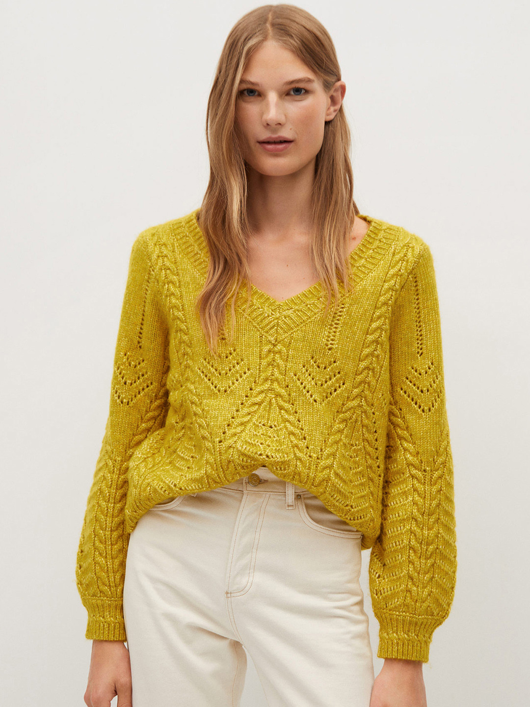 

MANGO Women Yellow Self Design Open Knit Sustainable Pullover Sweater
