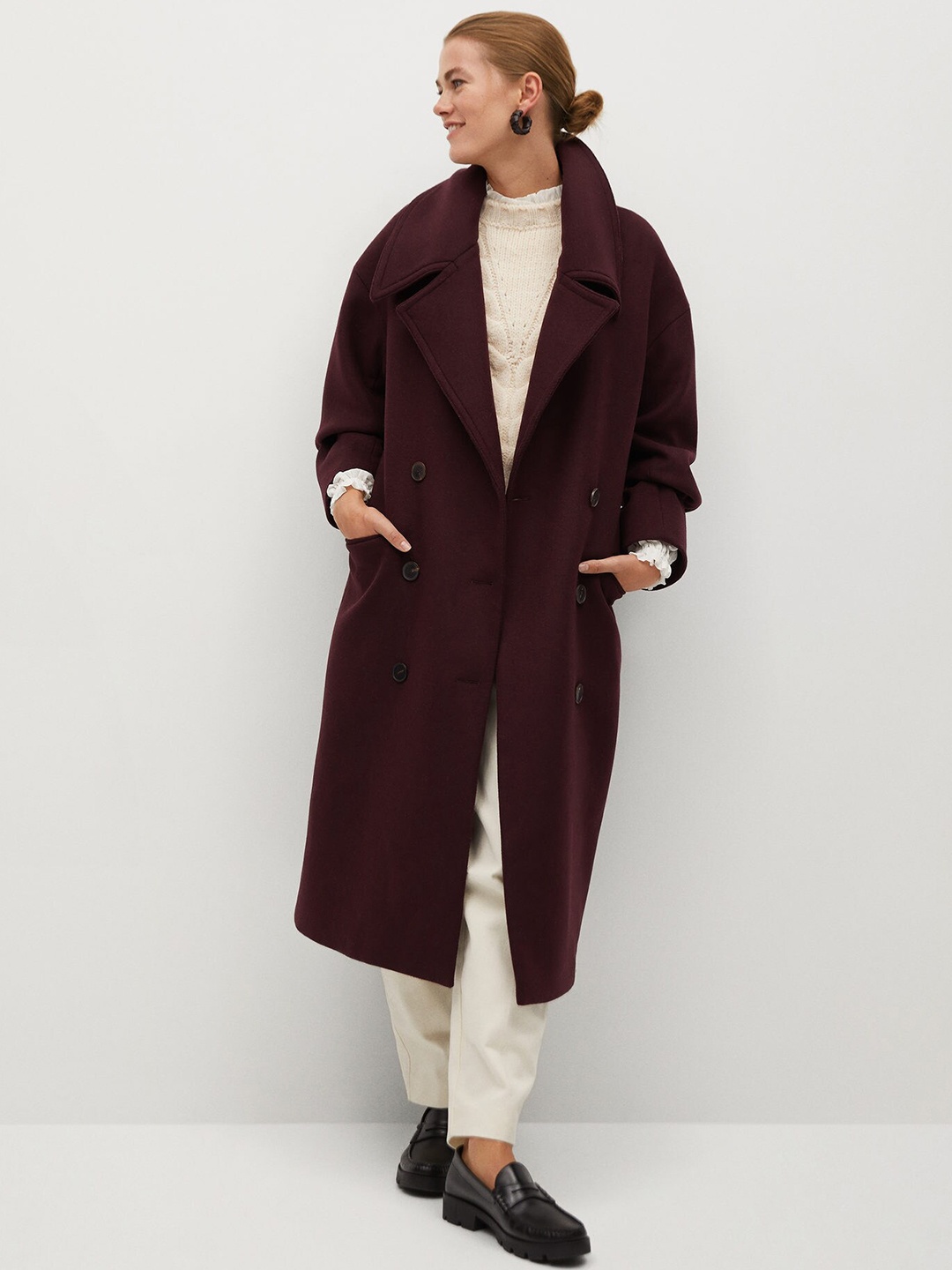 

MANGO Women Burgundy Solid Double Breasted Longline Coat Comes with a Belt