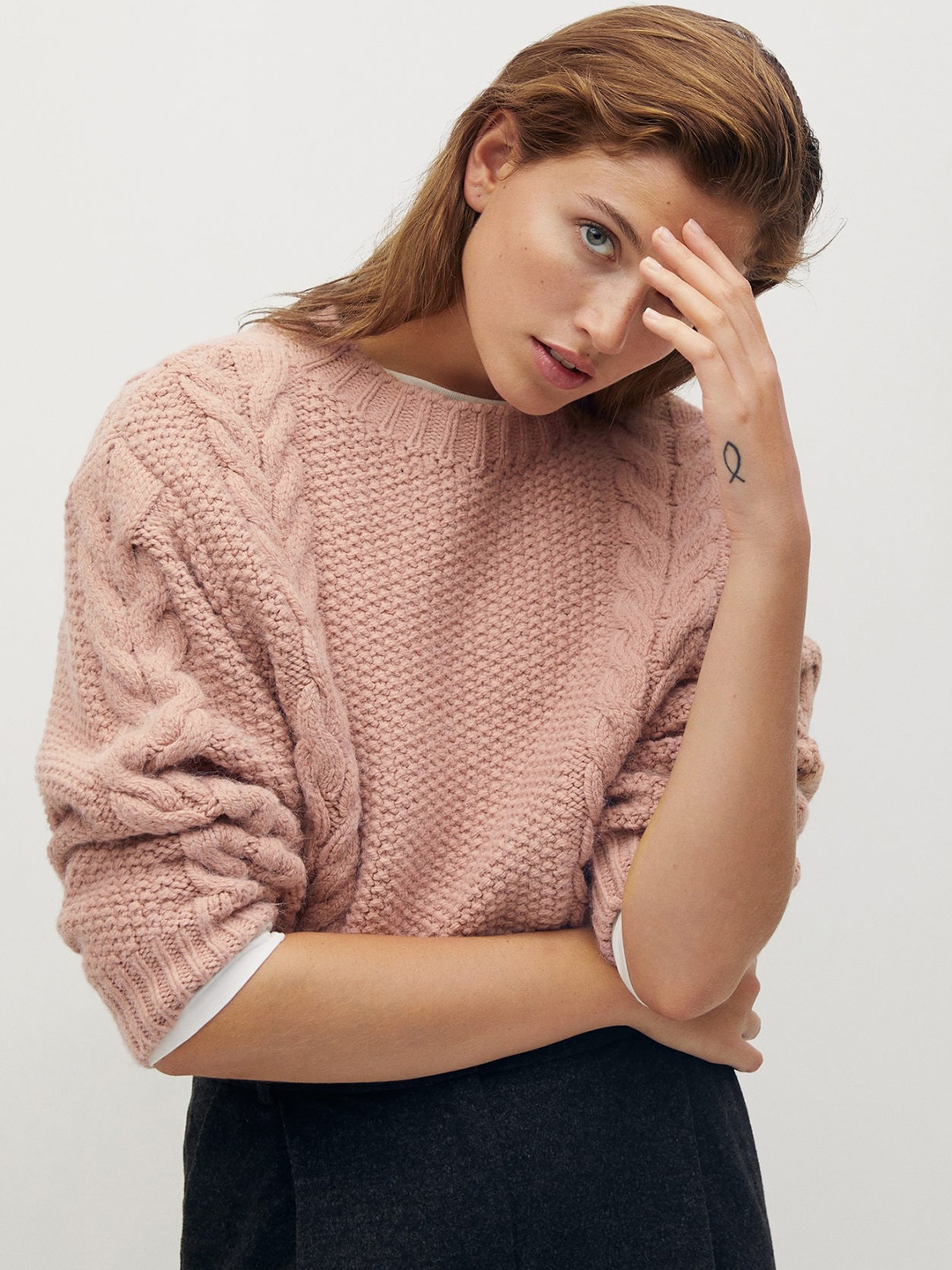 

MANGO Women Peach-Coloured Cable-Knitted Crop Pullover
