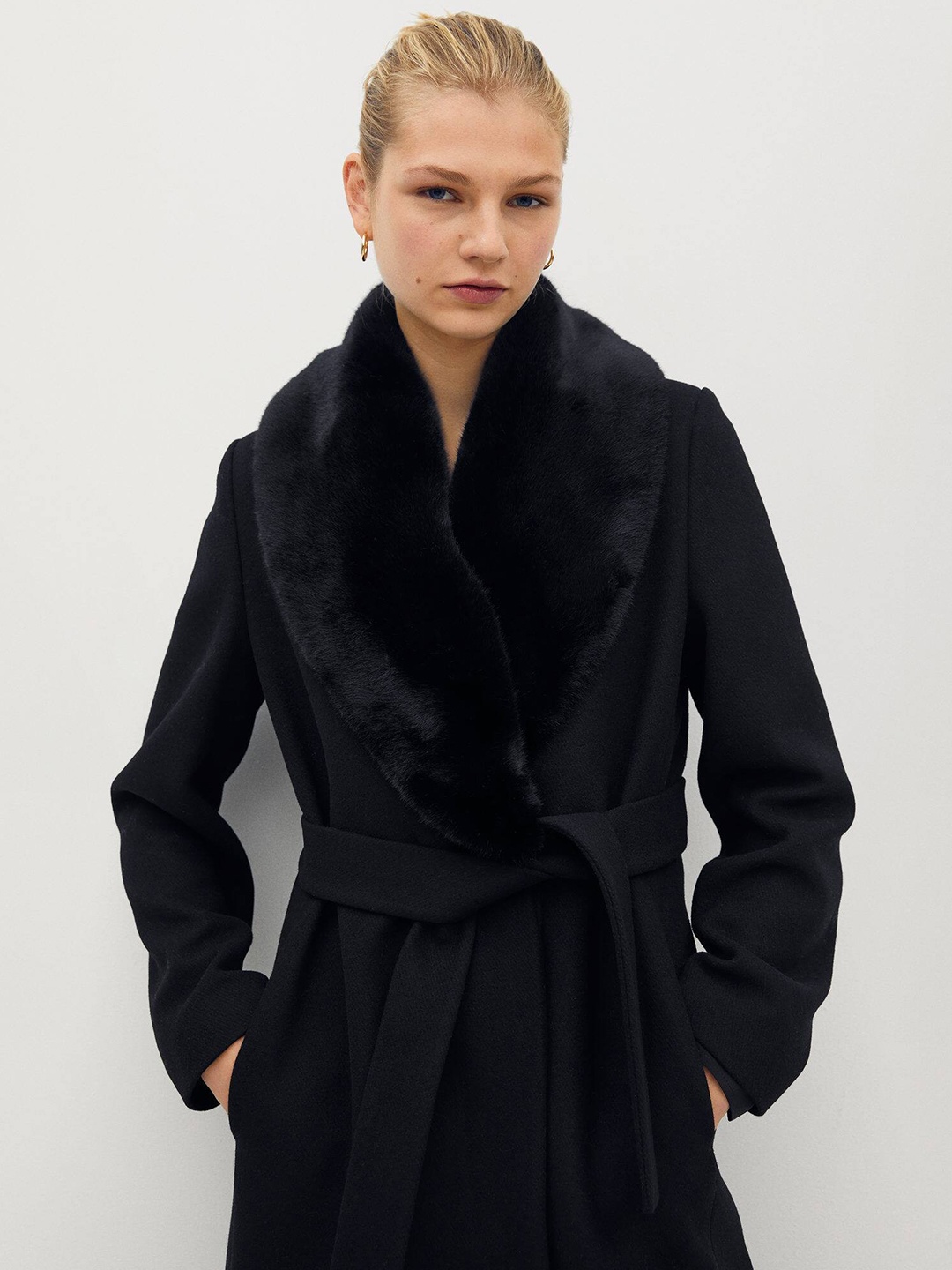 

MANGO Women Black Solid Longline Overcoat