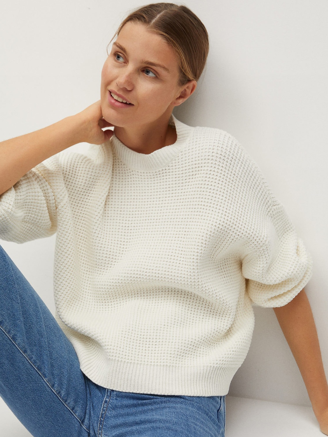 

MANGO Women Off-White Self Design Boxy Pullover