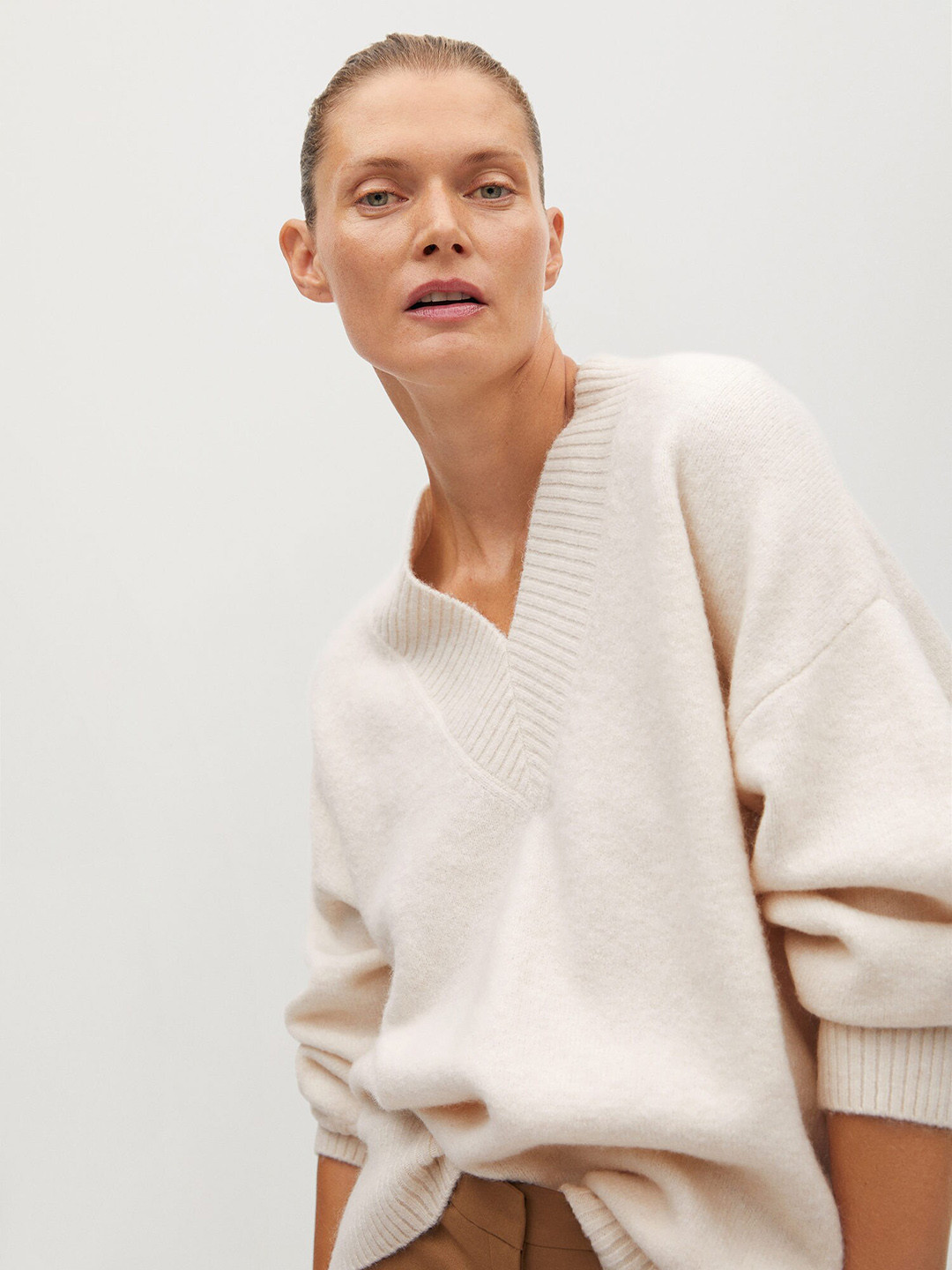 

MANGO Women Off-White Solid Oversized Pullover