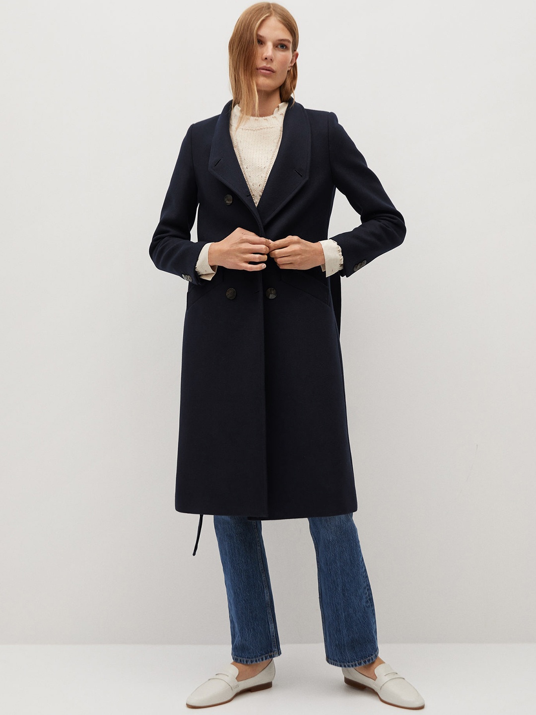 

MANGO Women Navy Blue Solid Double-Breasted Longline Overcoat