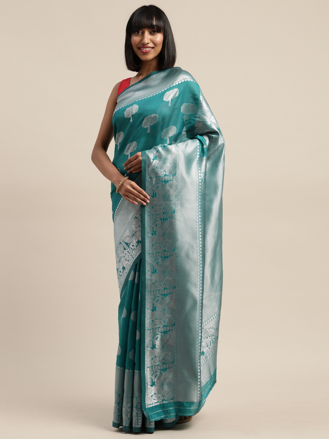 

Mitera Sea Green & Silver-Toned Pure Silk Woven Design Banarasi Saree