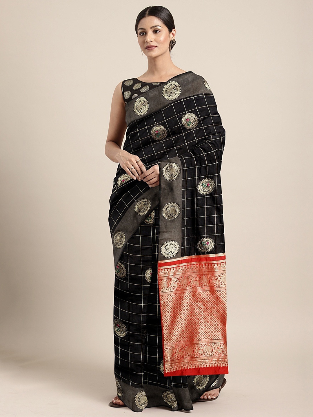 

Mitera Black & Gold-Toned Silk Cotton Printed Banarasi Saree