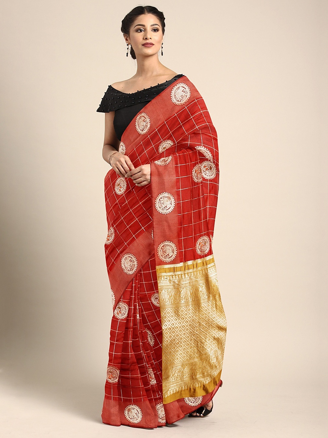 

Mitera Red & Gold-Toned Silk Cotton Printed Banarasi Saree