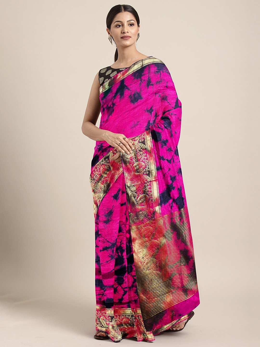 

Mitera Pink & Black Silk Cotton Dyed Saree