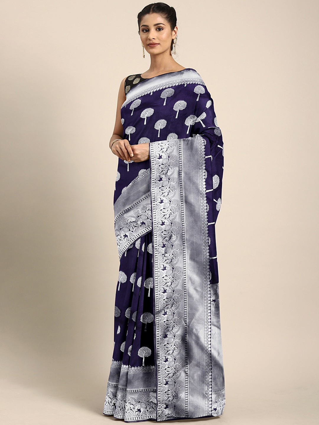 

Mitera Navy Blue & Silver-Toned Pure Silk Woven Design Banarasi Saree
