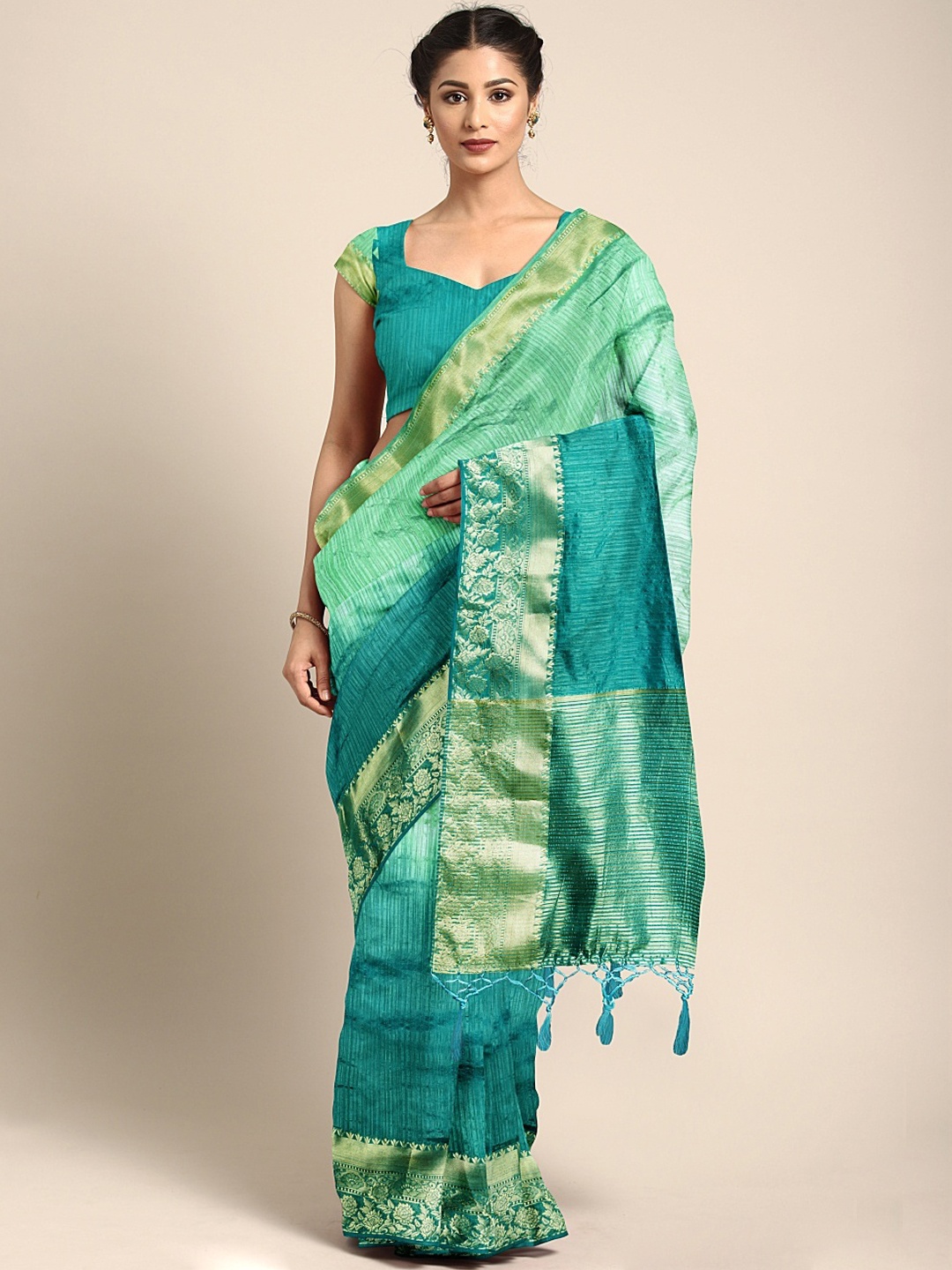 

Mitera Teal Blue & Sea Green Ombre Dyed Silk Cotton Saree