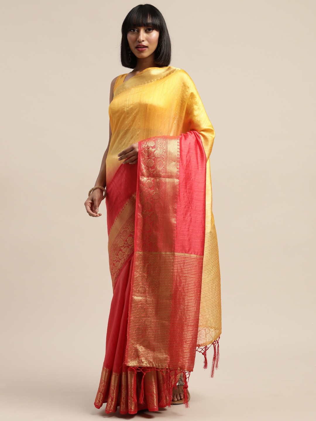 

Mitera Red & Yellow Silk Cotton Colourblocked Saree