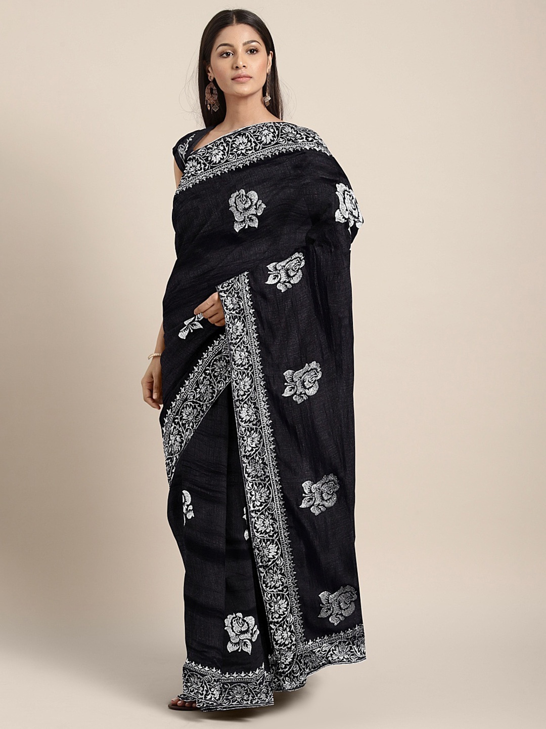 

Mitera Black & Silver-Toned Silk Blend Embroidered Saree