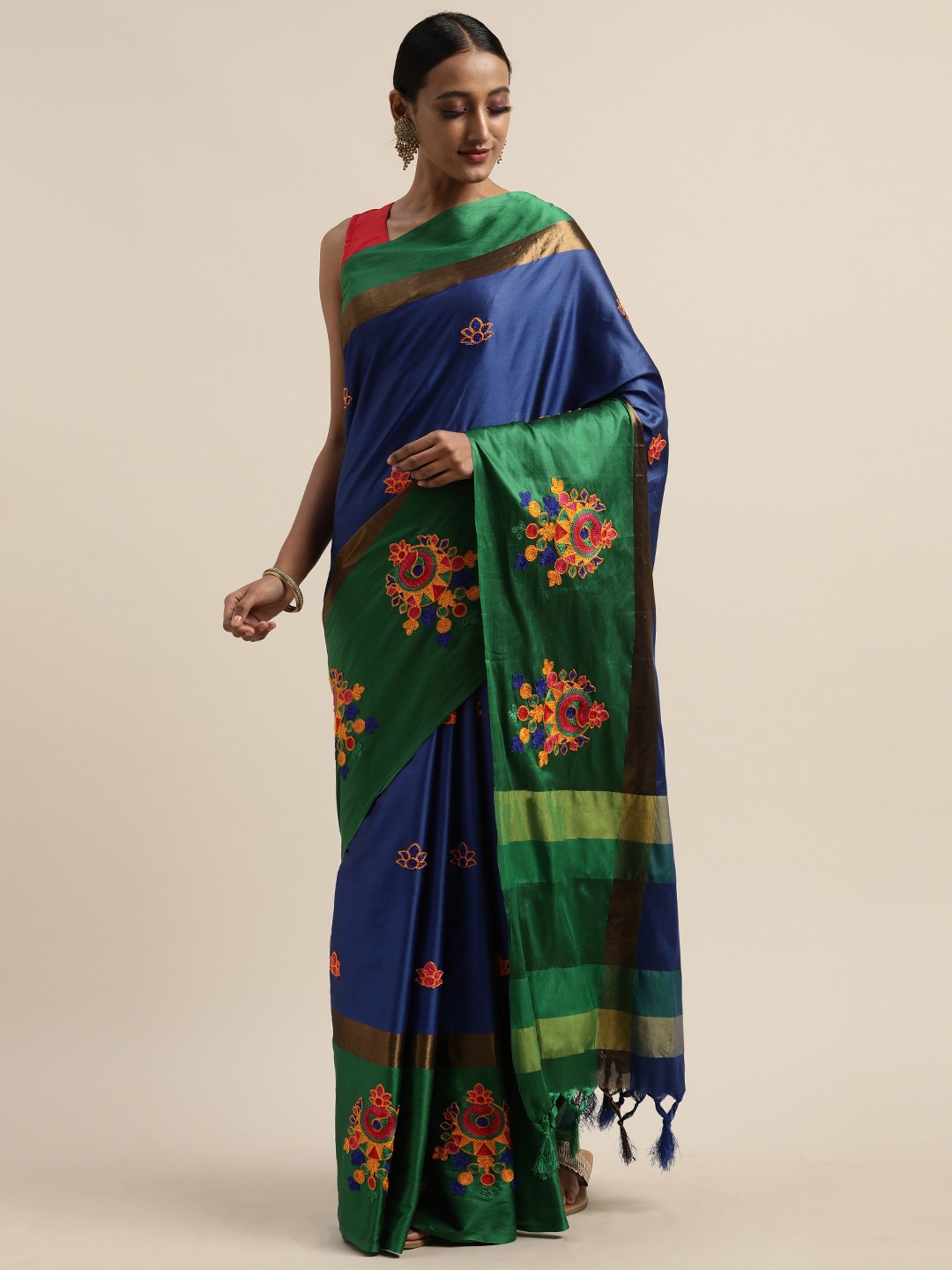 

KALINI Navy Blue & Green Silk Cotton Embroidered Saree