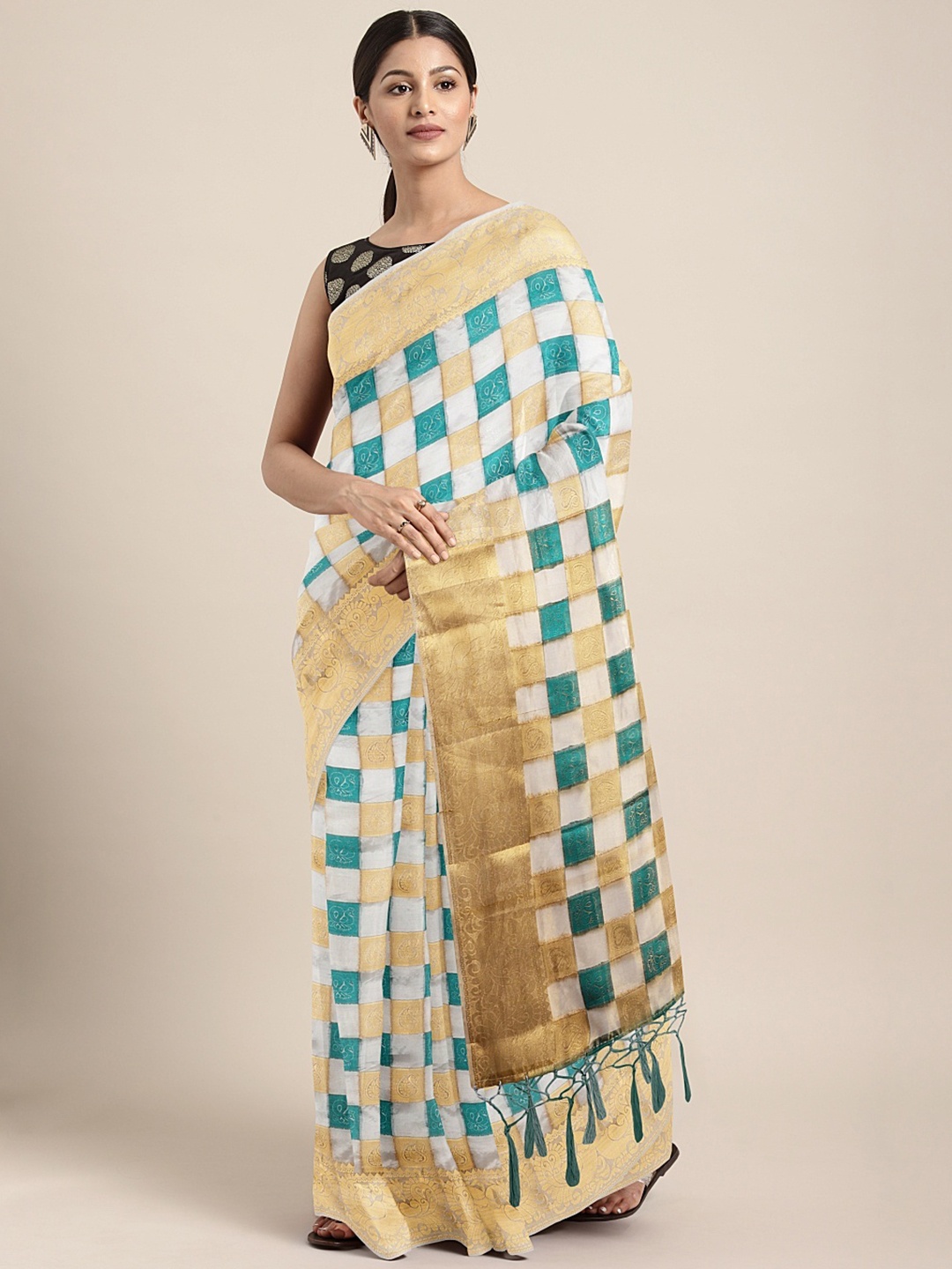 

Mitera Turquoise Blue & Beige Silk Blend Checked Saree