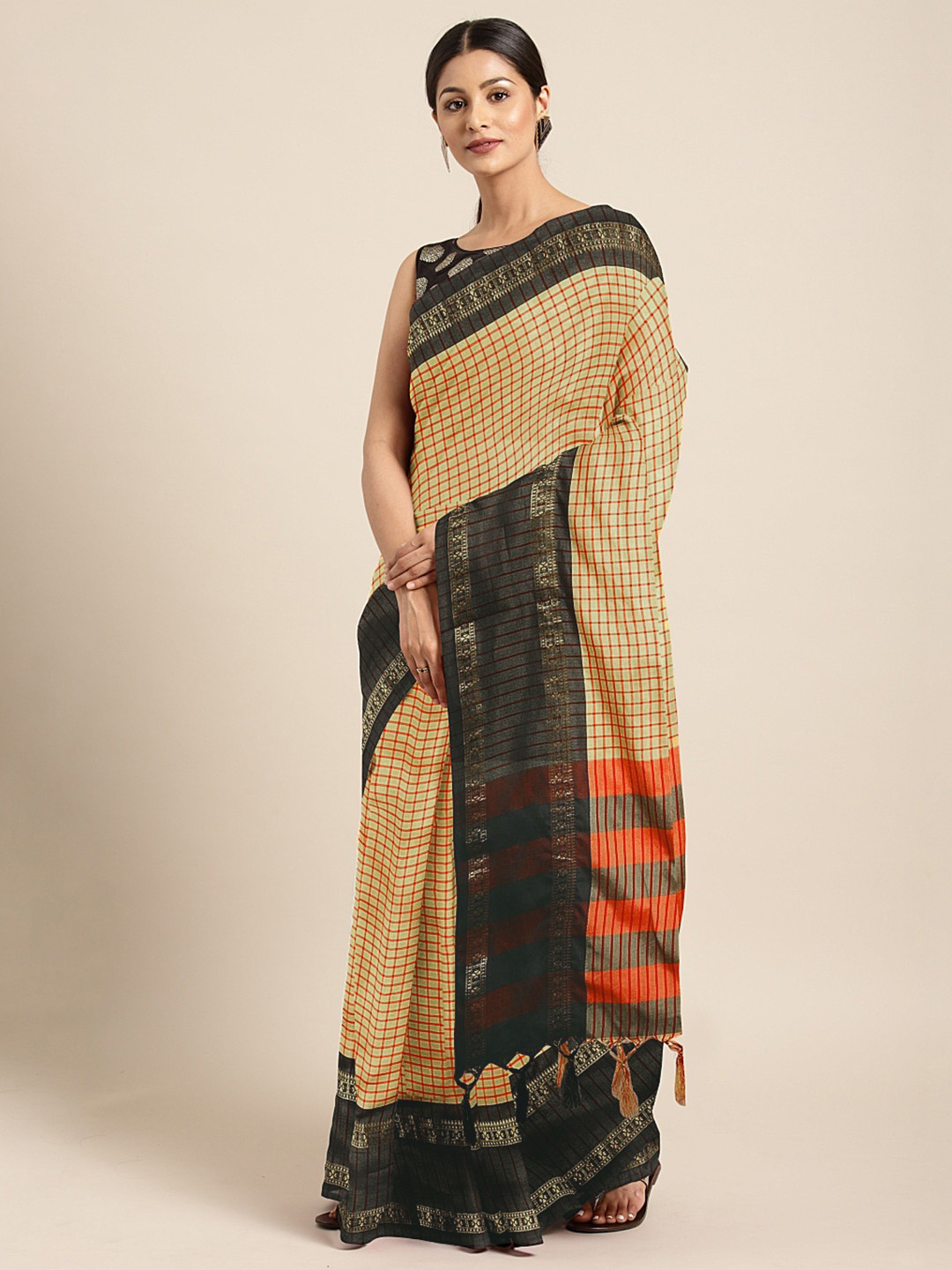 

KALINI Black & Cream-Coloured Silk Cotton Checked Saree
