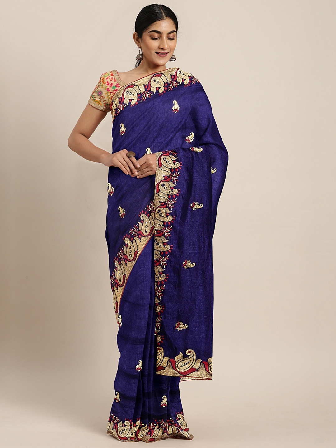 

Mitera Navy Blue Embroidered Silk Blend Saree