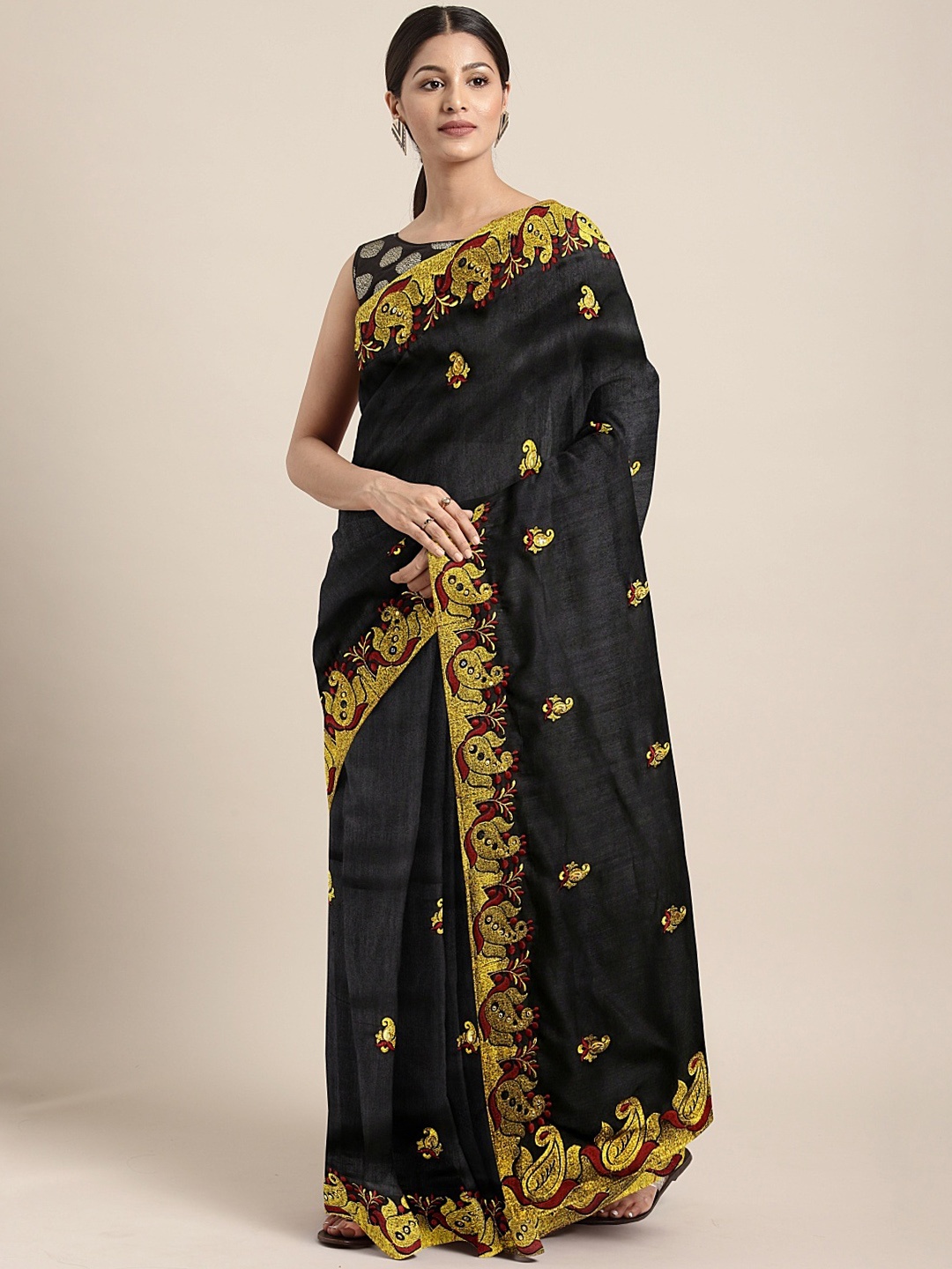 

Mitera Black & Gold-Toned Silk Blend Embroidered Saree