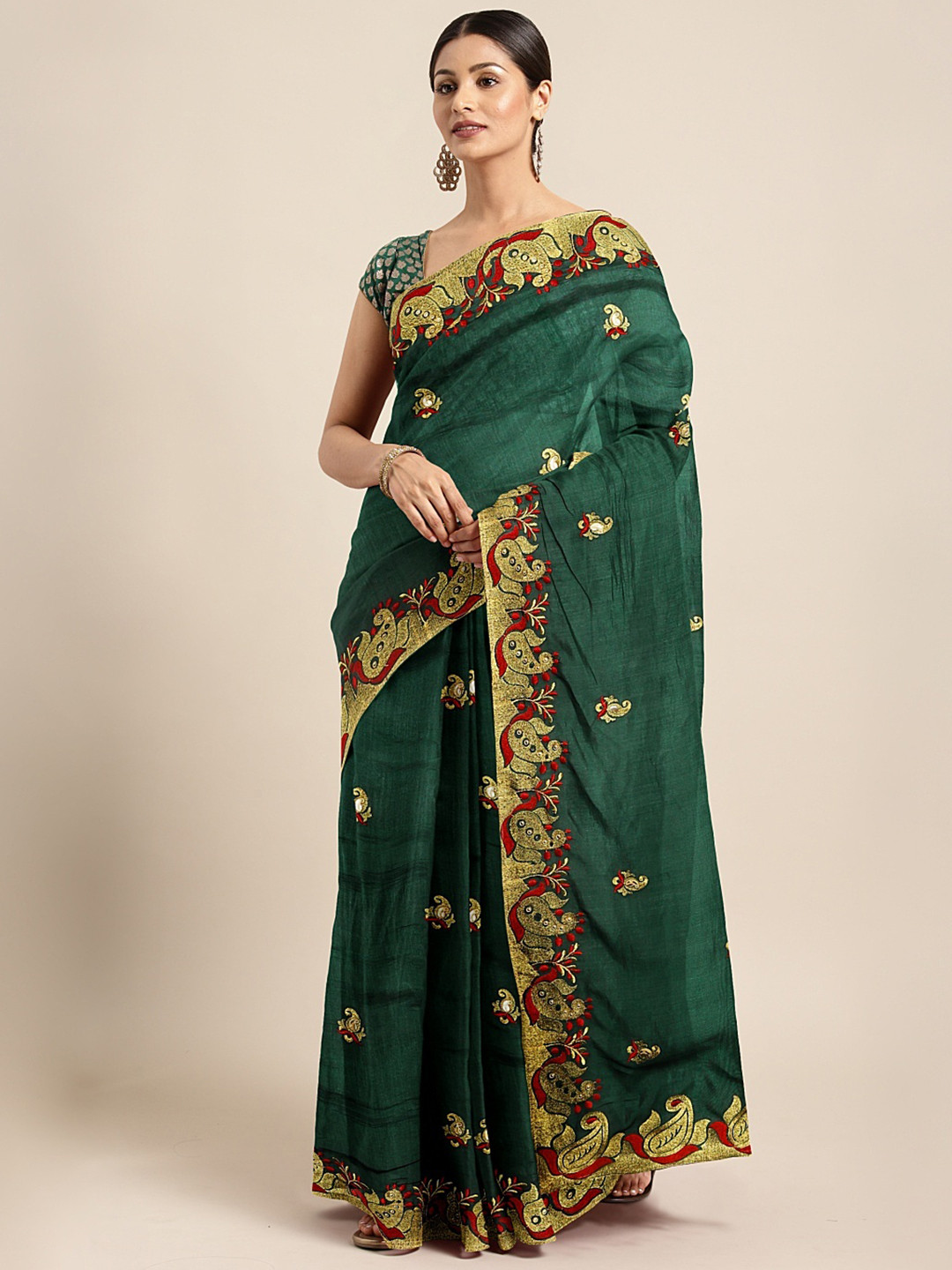 

Mitera Green & Gold-Toned Silk Blend Embroidered Saree