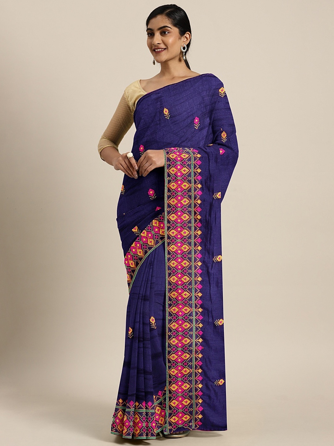 Mitera Navy Blue & Pink Pure Georgette Floral Embroidered Saree