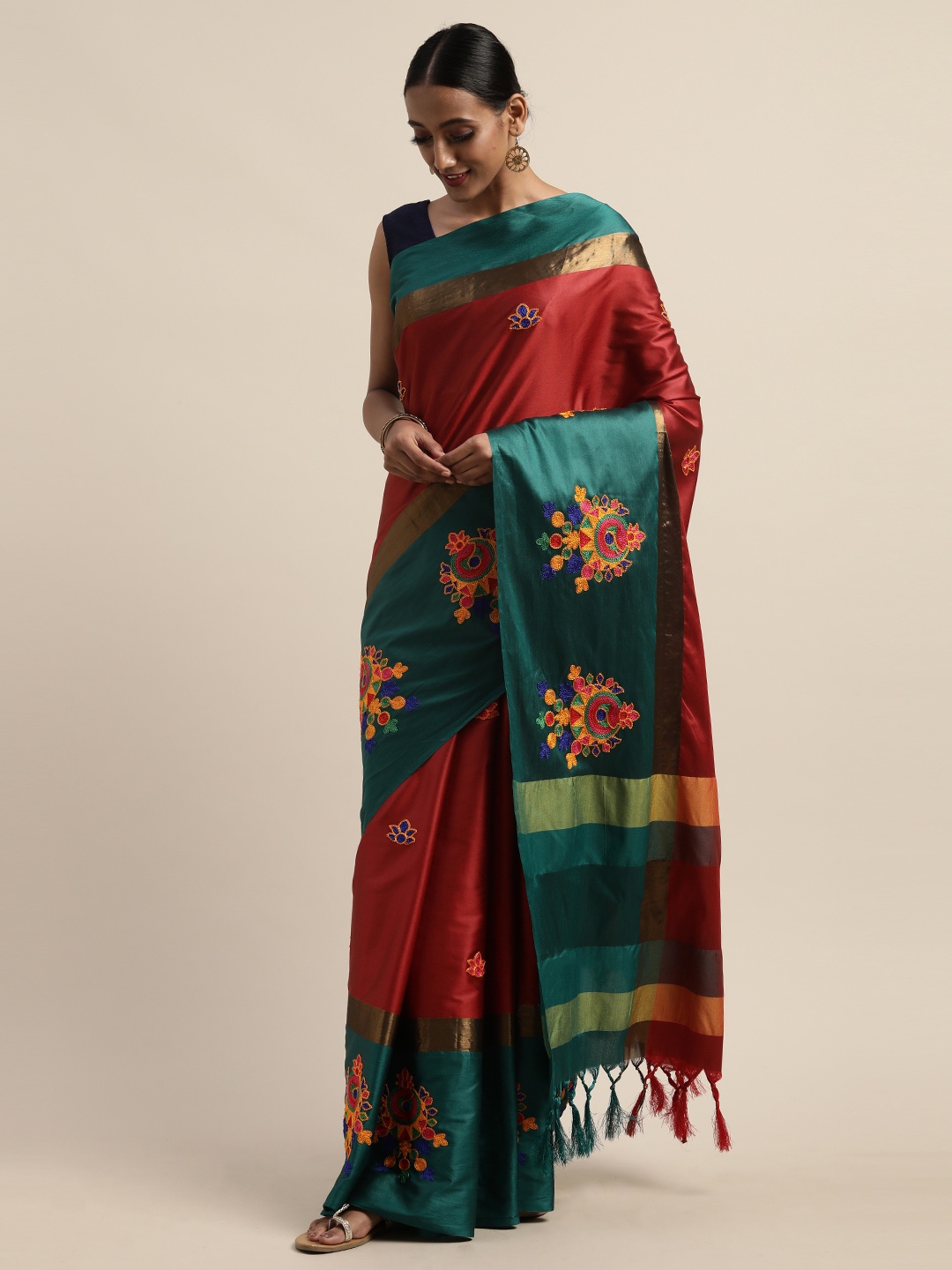 

Mitera Red Embroidered Silk Cotton Saree