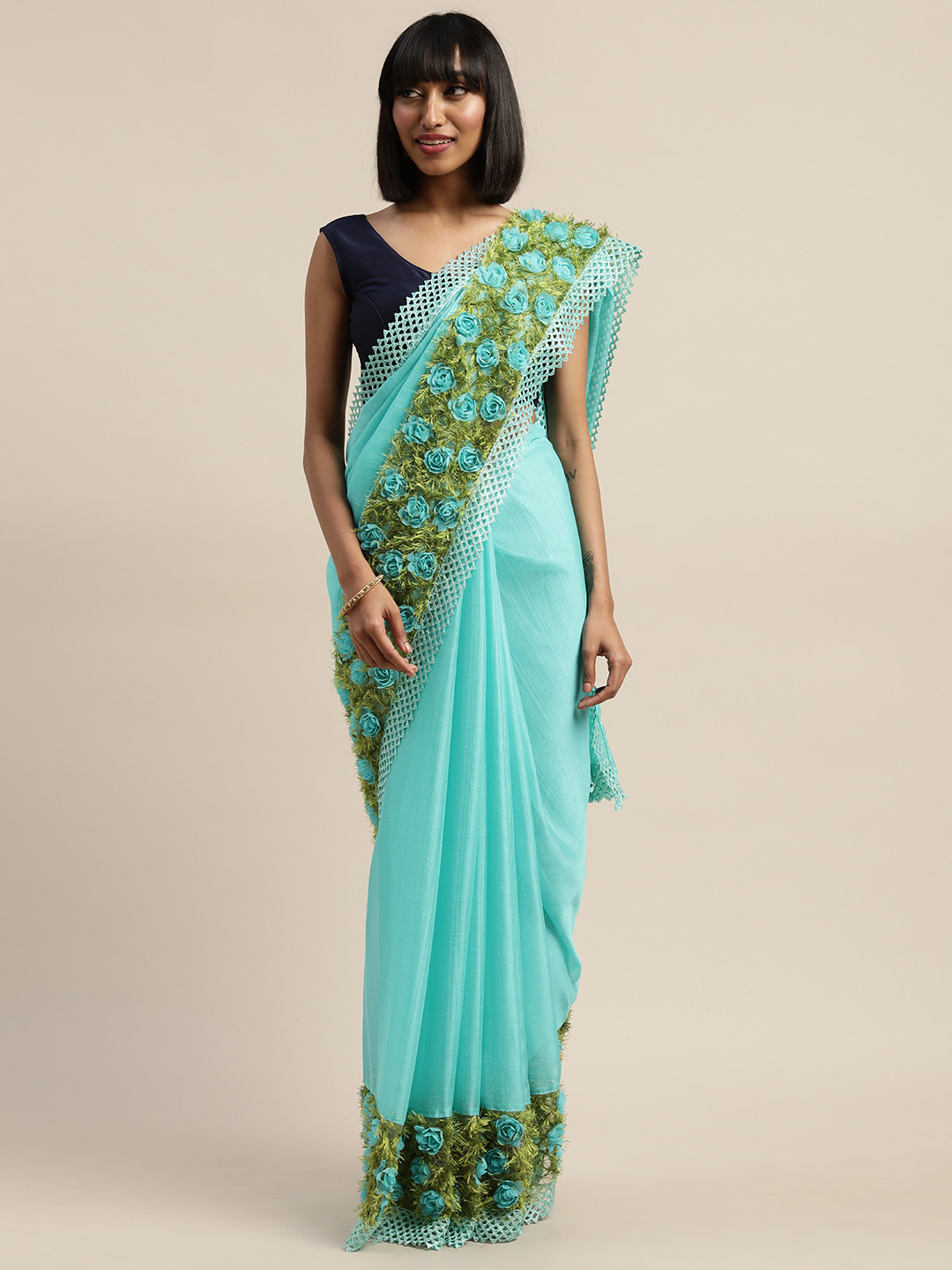 

Mitera Blue Solid Pure Chiffon Grass Flower Work Saree