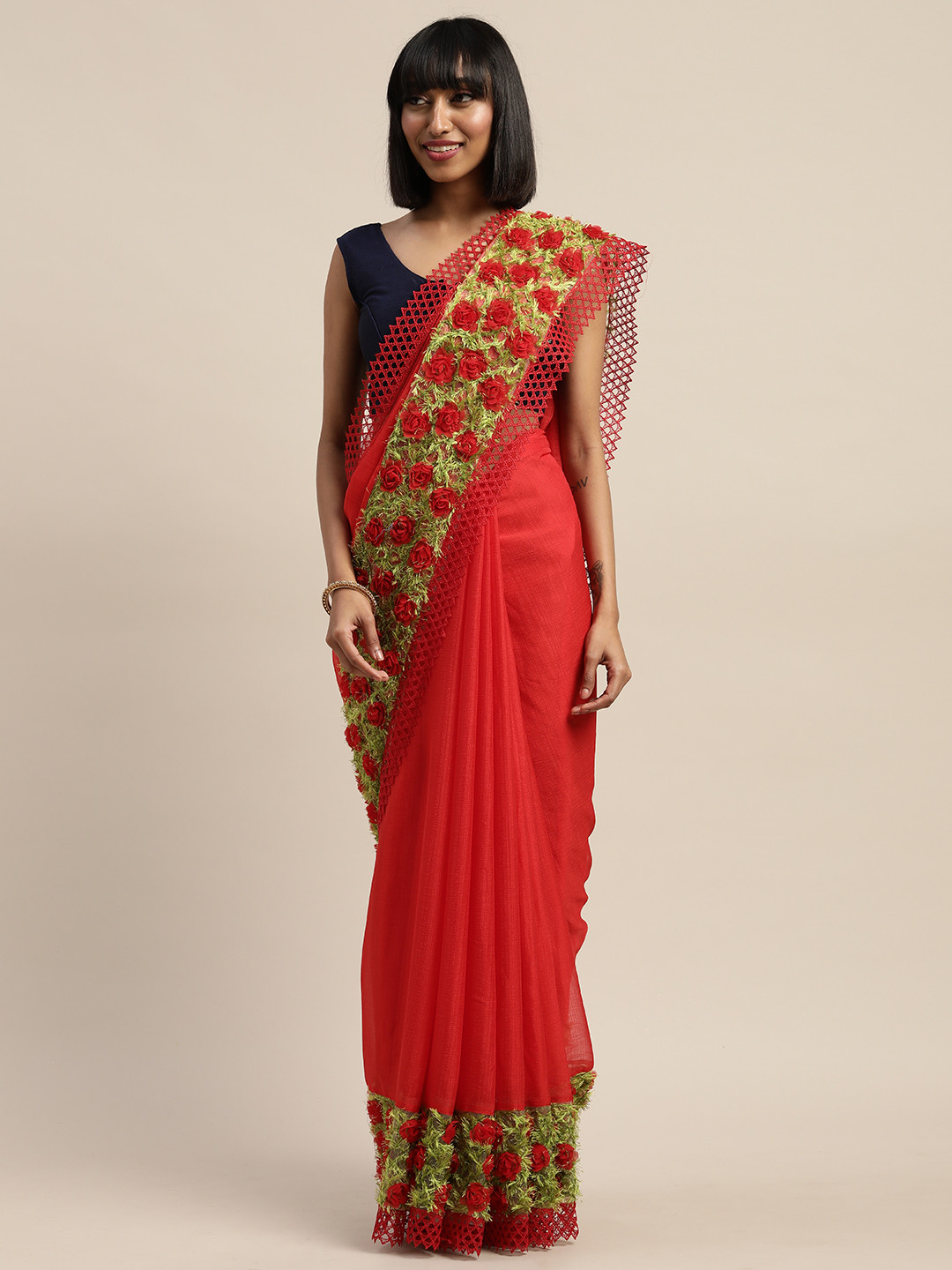

Mitera Red Solid Pure Chiffon Grass Flower Work Saree