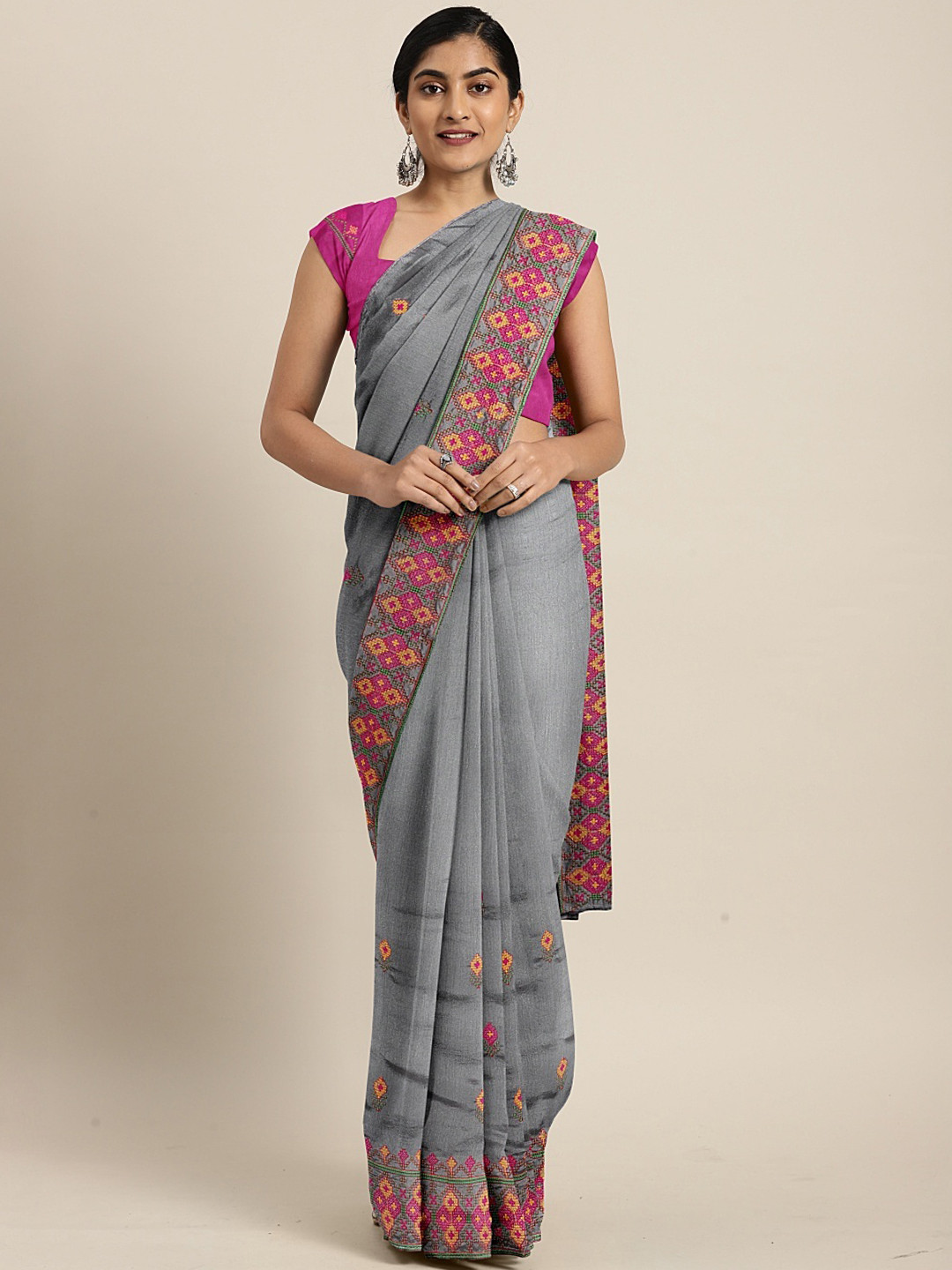 

Mitera Grey & Pink Pure Georgette Embroidered Saree