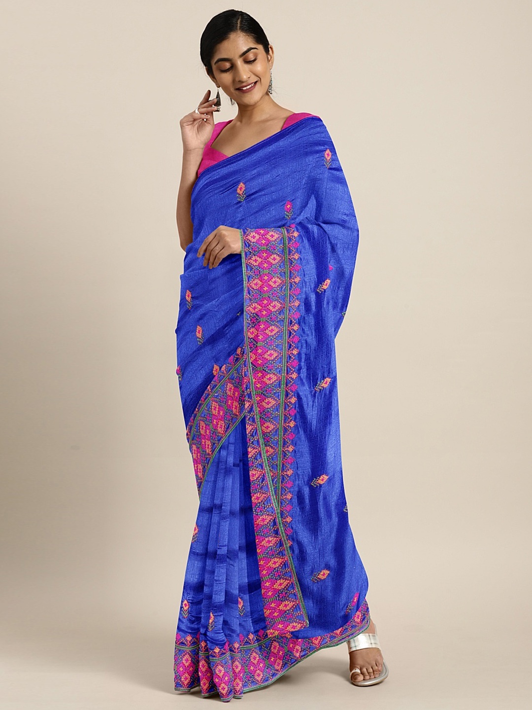 

Mitera Blue & Pink Pure Georgette Floral Embroidered Saree