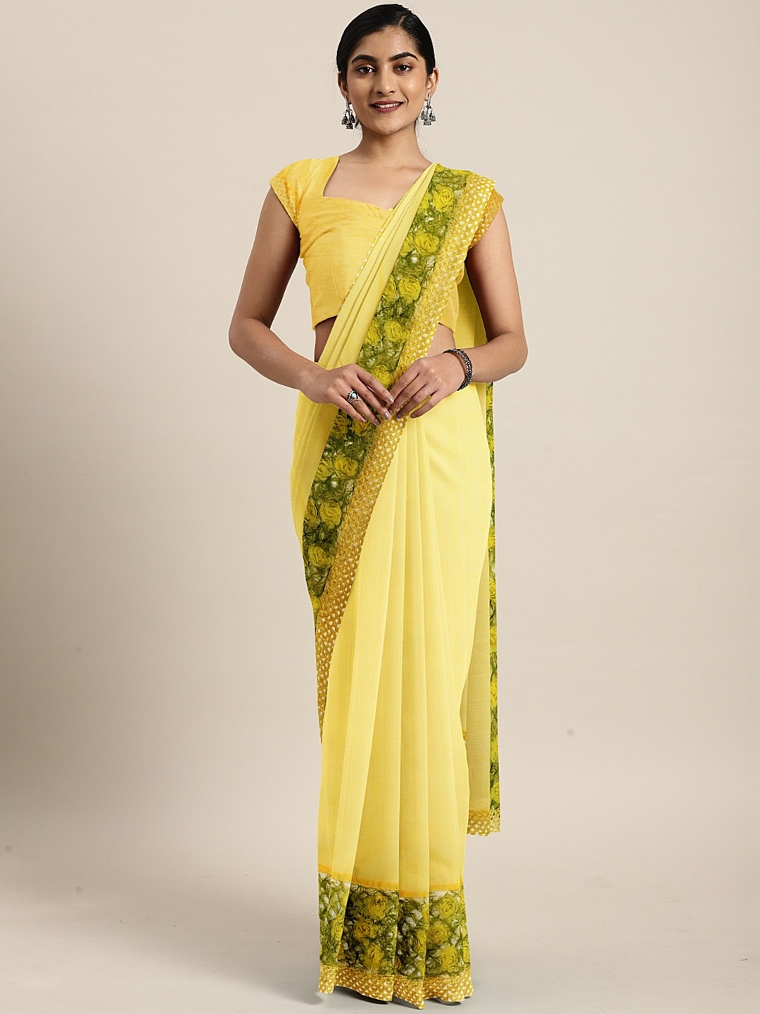 

KALINI Yellow & Green Pure Chiffon Embellished Saree