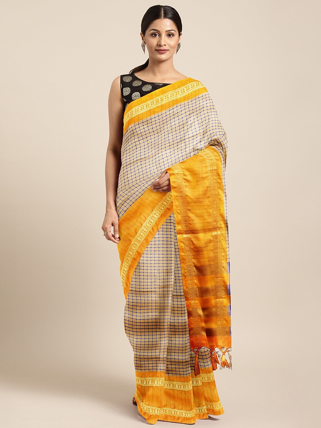 

KALINI Beige & Blue Silk Cotton Checked Saree