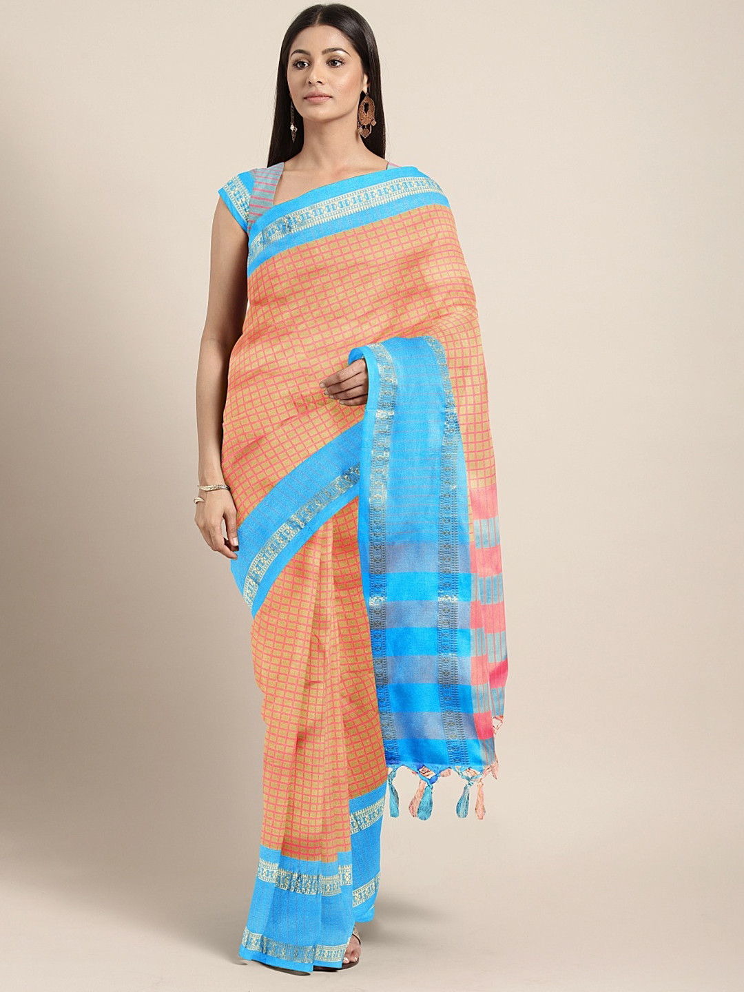 

KALINI Cream-Coloured & Blue Silk Cotton Checked Saree