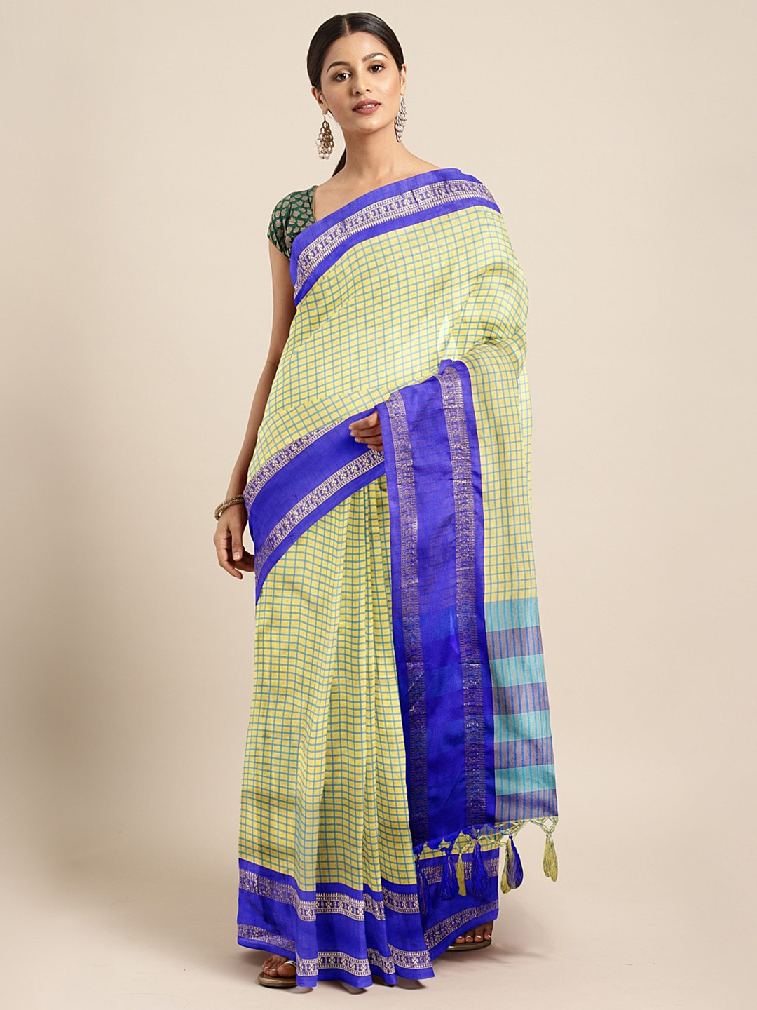 

KALINI Blue & Cream-Coloured Silk Cotton Checked Saree