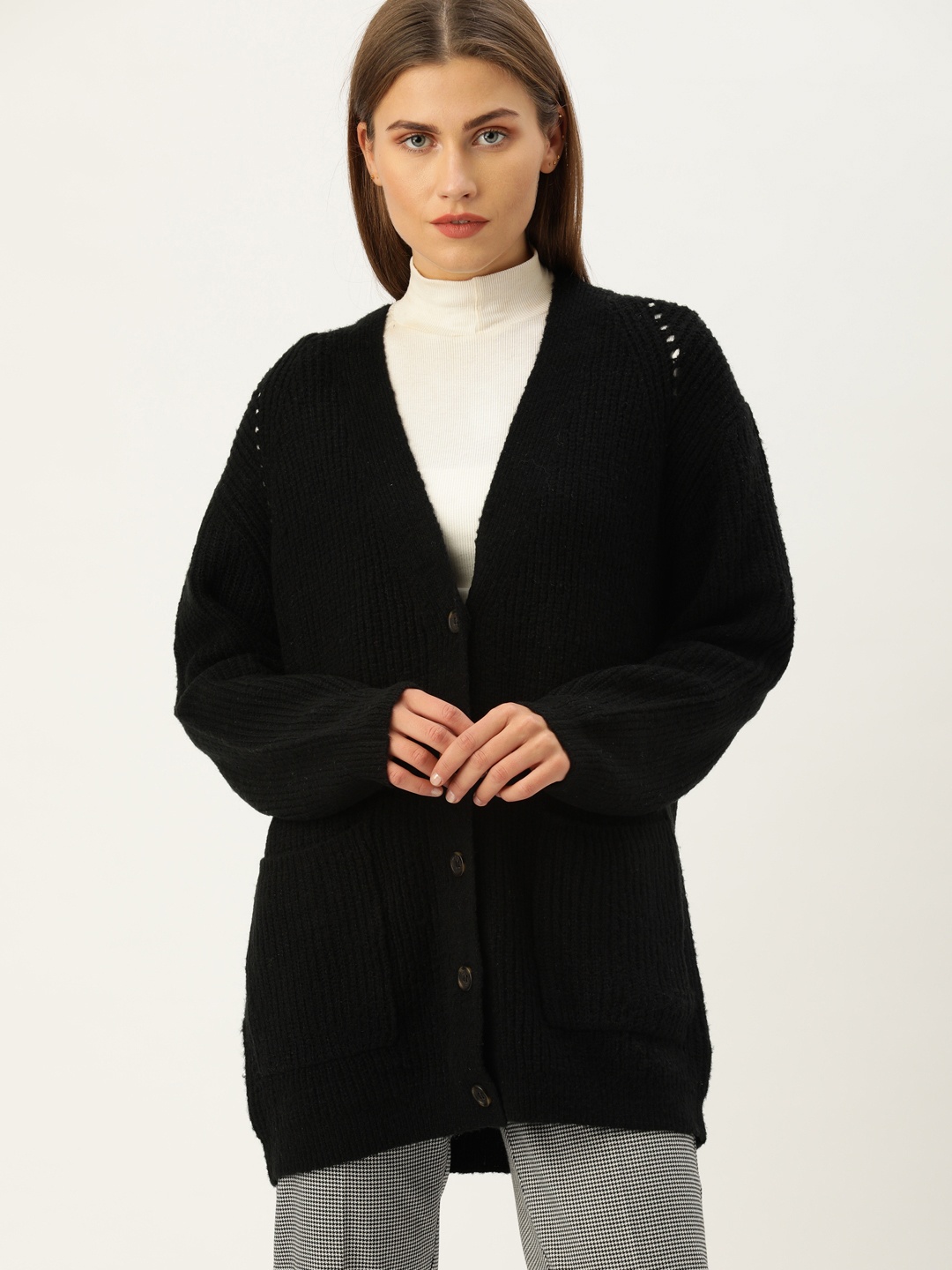 

FOREVER 21 Women Black Ribbed Acrylic Cardigan