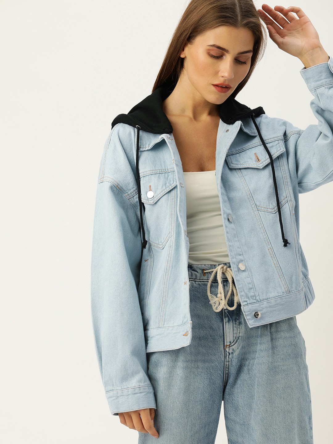 

FOREVER 21 Women Blue Solid Hooded Denim Jacket