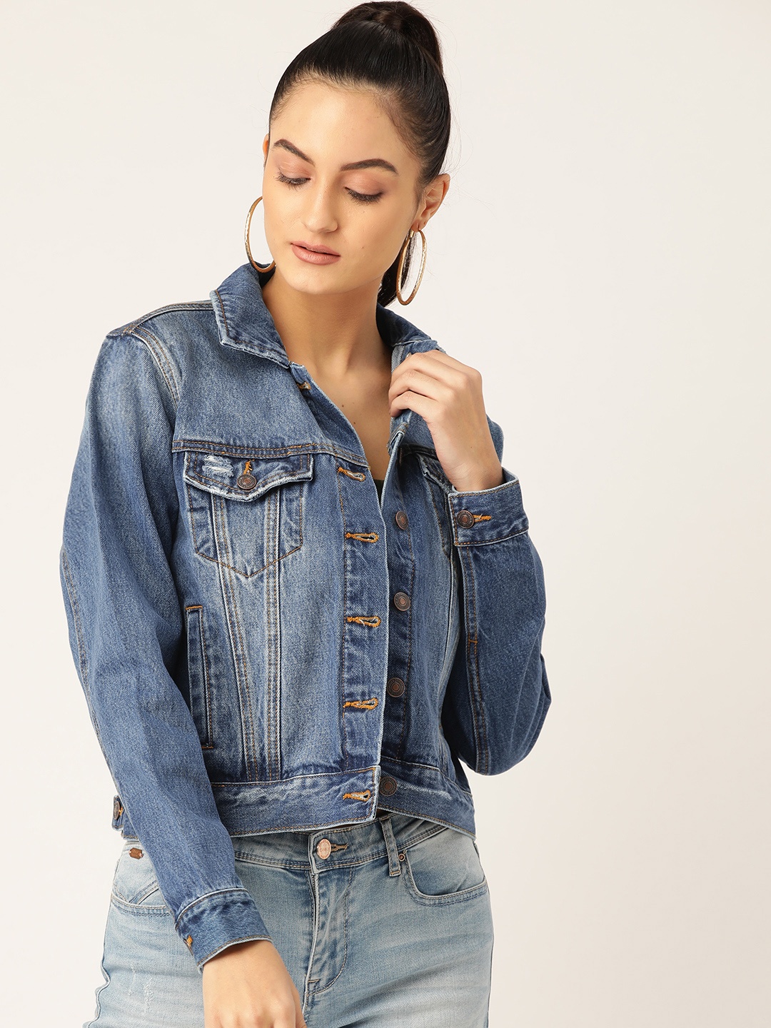 

FOREVER 21 Women Blue Washed Mildly Distressed Denim Jacket