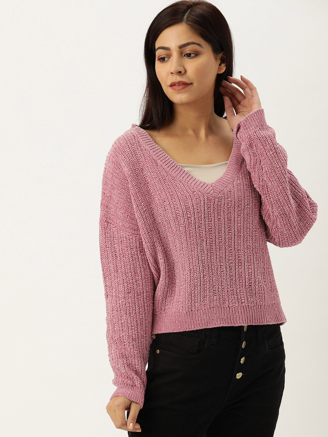 

FOREVER 21 Women Pink Solid Pullover Sweater